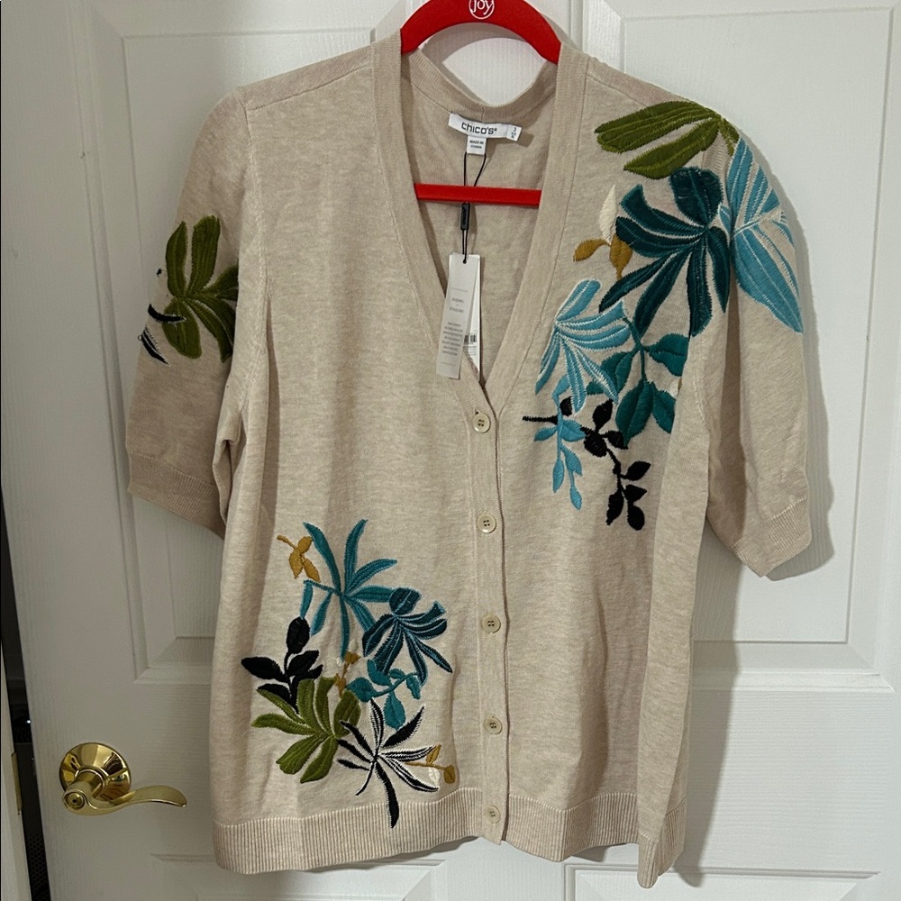 Chico's Light Tan Cardigan with Colorful Leaf Embroidery